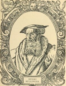 Woodcut of Heinrich Bullinger with a long beard, a cap, and a fur-collared gown, inside an ornate frame with cherubs, labeled "Henry Bullinger."