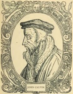 Woodcut of John Calvin in profile, wearing a cap, inside an ornate oval frame.
