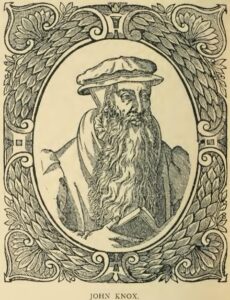 Woodcut of John Knox with a long beard and a cap, holding a book, inside an ornate oval frame.