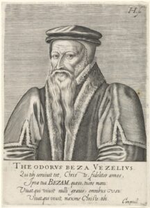 Engraving of Theodore Beza as an old man with a long white beard, a cap, and a fur-trimmed gown, above a Latin inscription that begins "Theodorus Beza Vezelius."